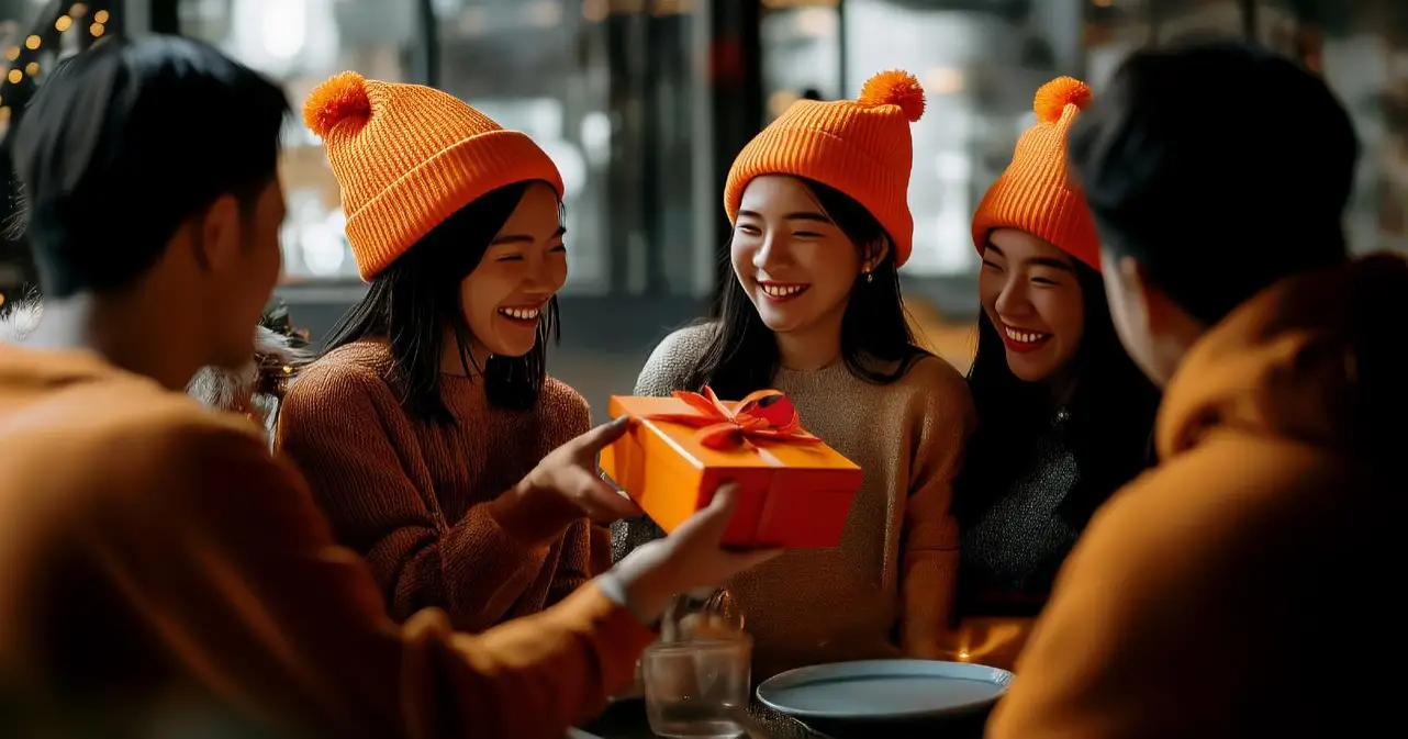 sekumpulan teman yang sedang merayakan natal dan tahun baru