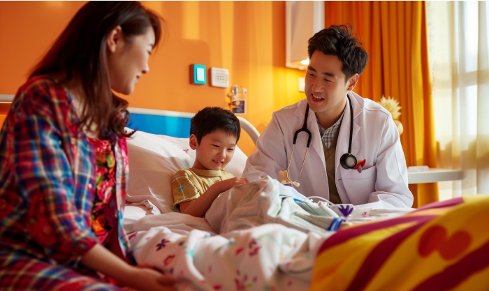 Pasien anak kecil sedang mendapat pemeriksaan dari dokter saat rawat inap dengan ibu di sebelahnya